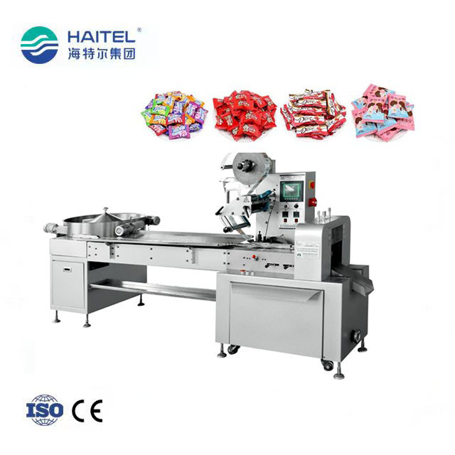 SUS304 Automatic Feeding Candy Horizontal Flow Pack Wrapping Machine PLC